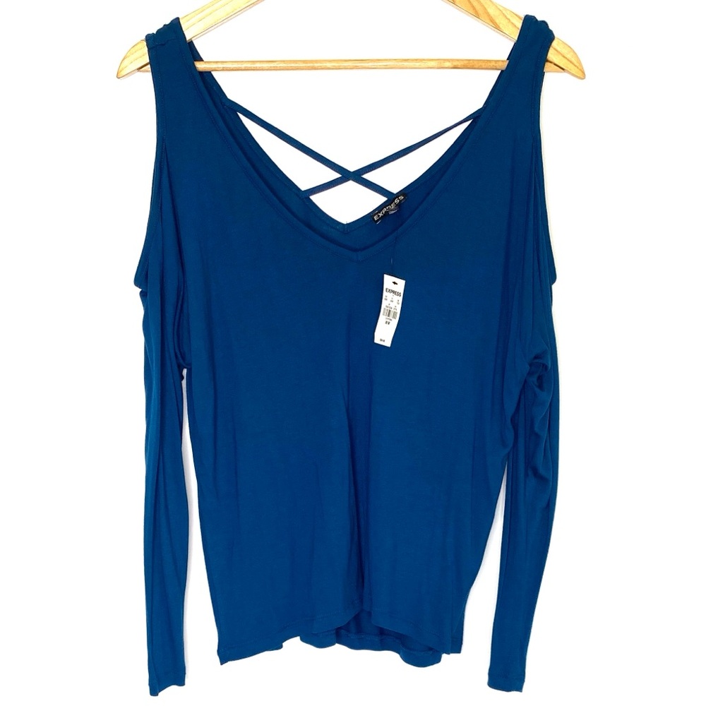 Express Deep Teal Blue Viscose Long Sleeve Cold Shoulder Top | Medium | NWT